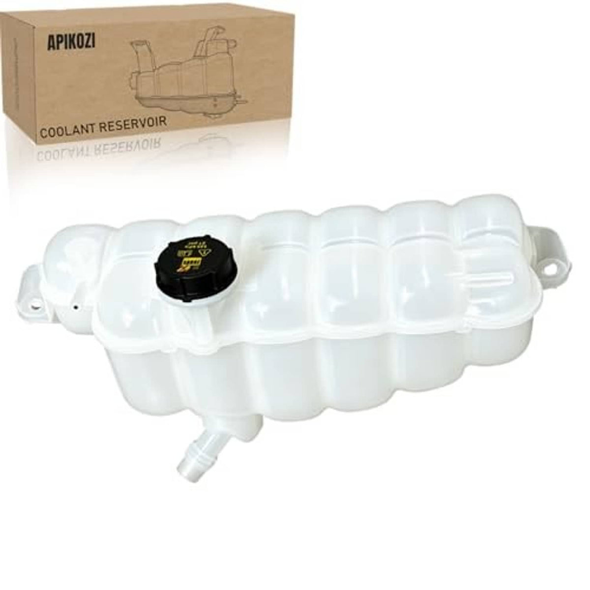 White coolant overflow reservoir tank with black cap and outlet hose, angled side view