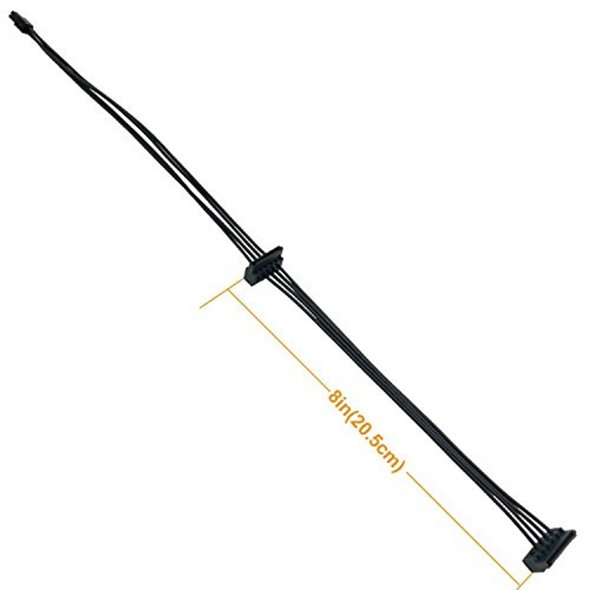 Black SATA power cable with right-angle 4-pin plug and length markings