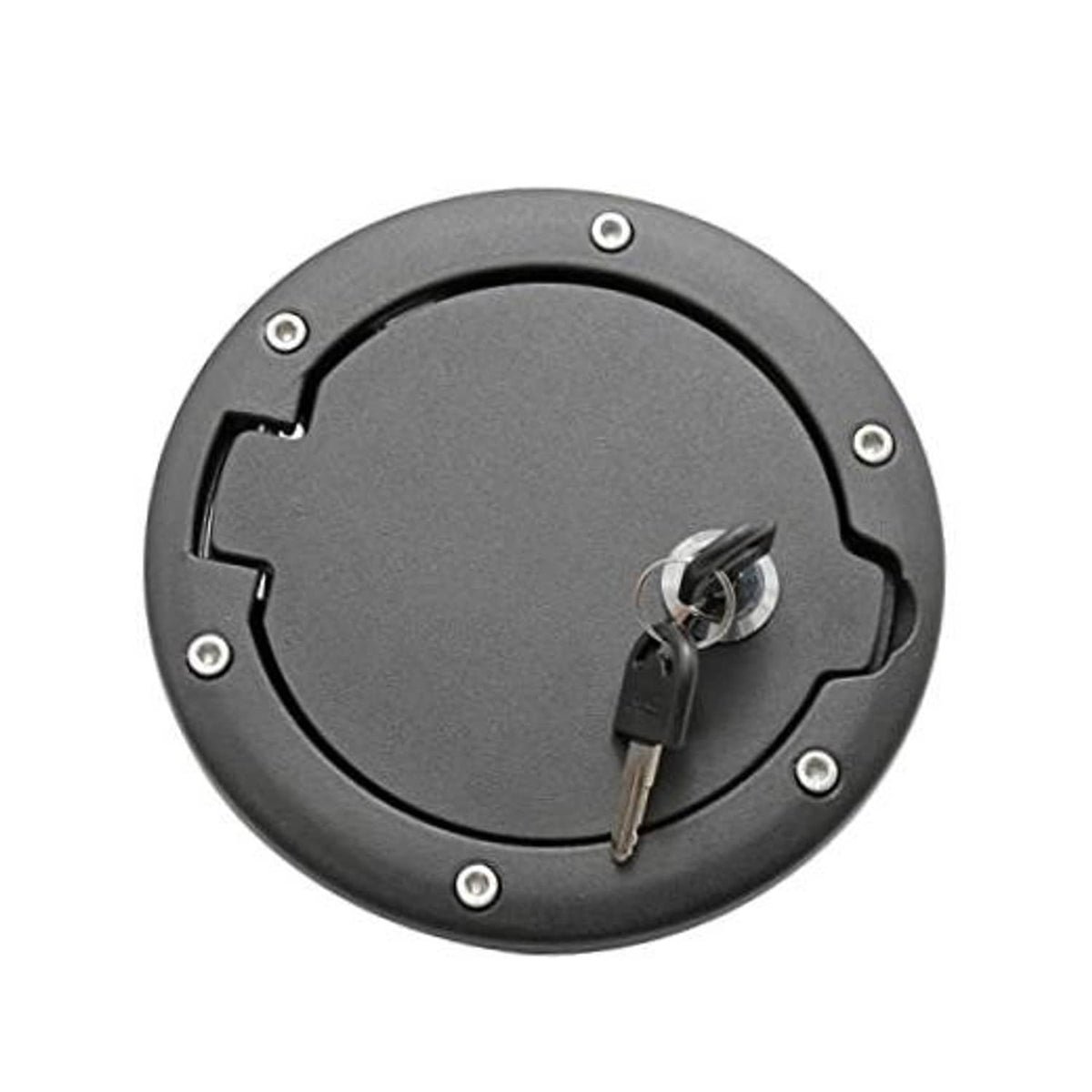 Round locking fuel tank filler cap cover, dark gray metal with key and mounting screws