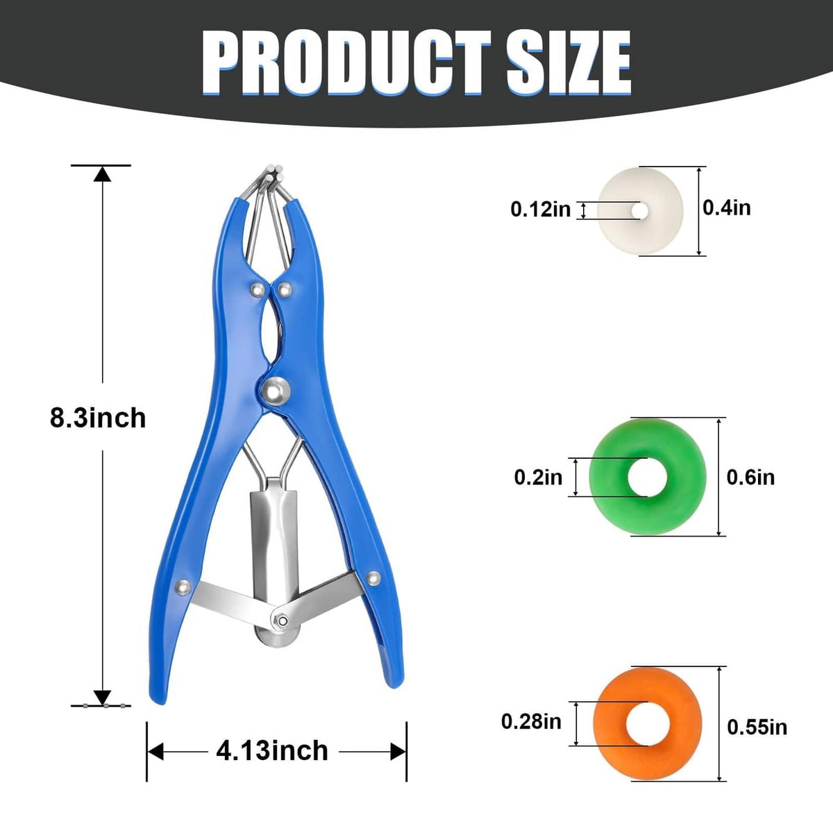 Blue elastrator banding pliers with white, green, and orange stretch rings