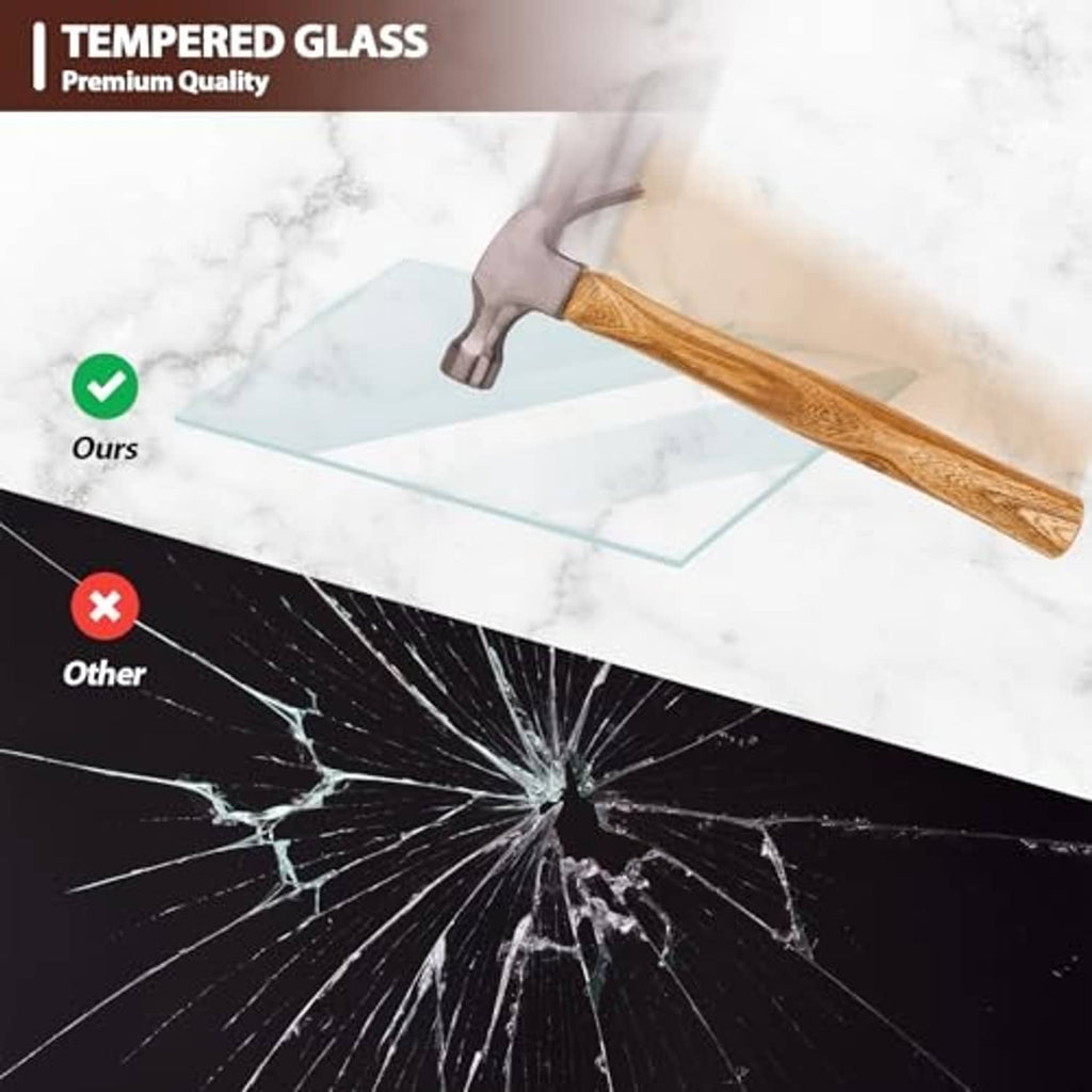 Tempered glass picture frame panel with impact crack comparison for durability