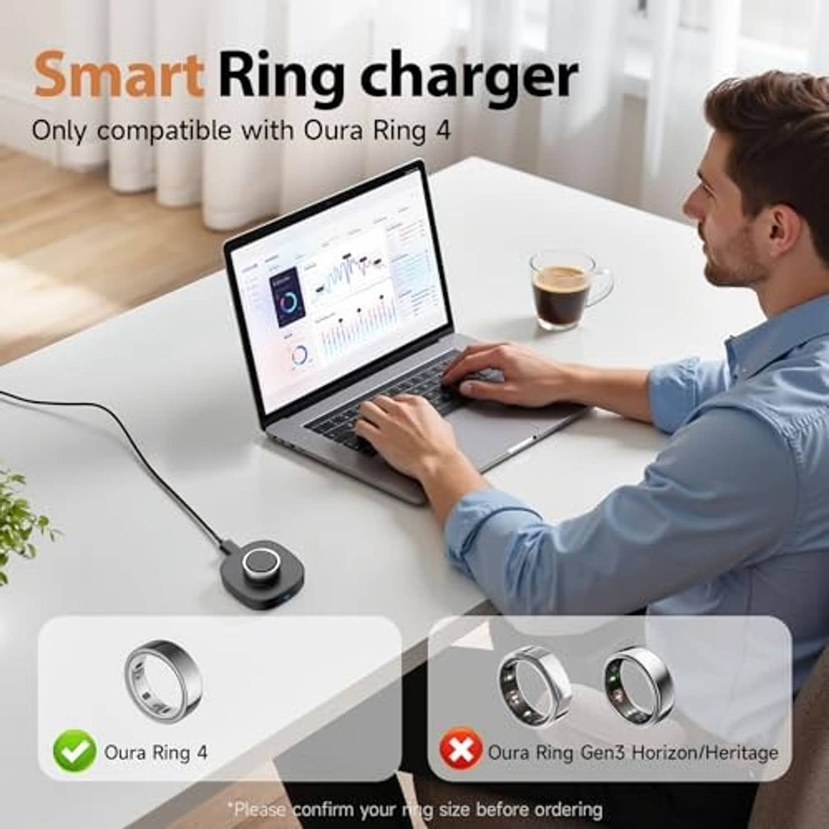 Black smart ring charging dock on a desk with cradle top and connected cable