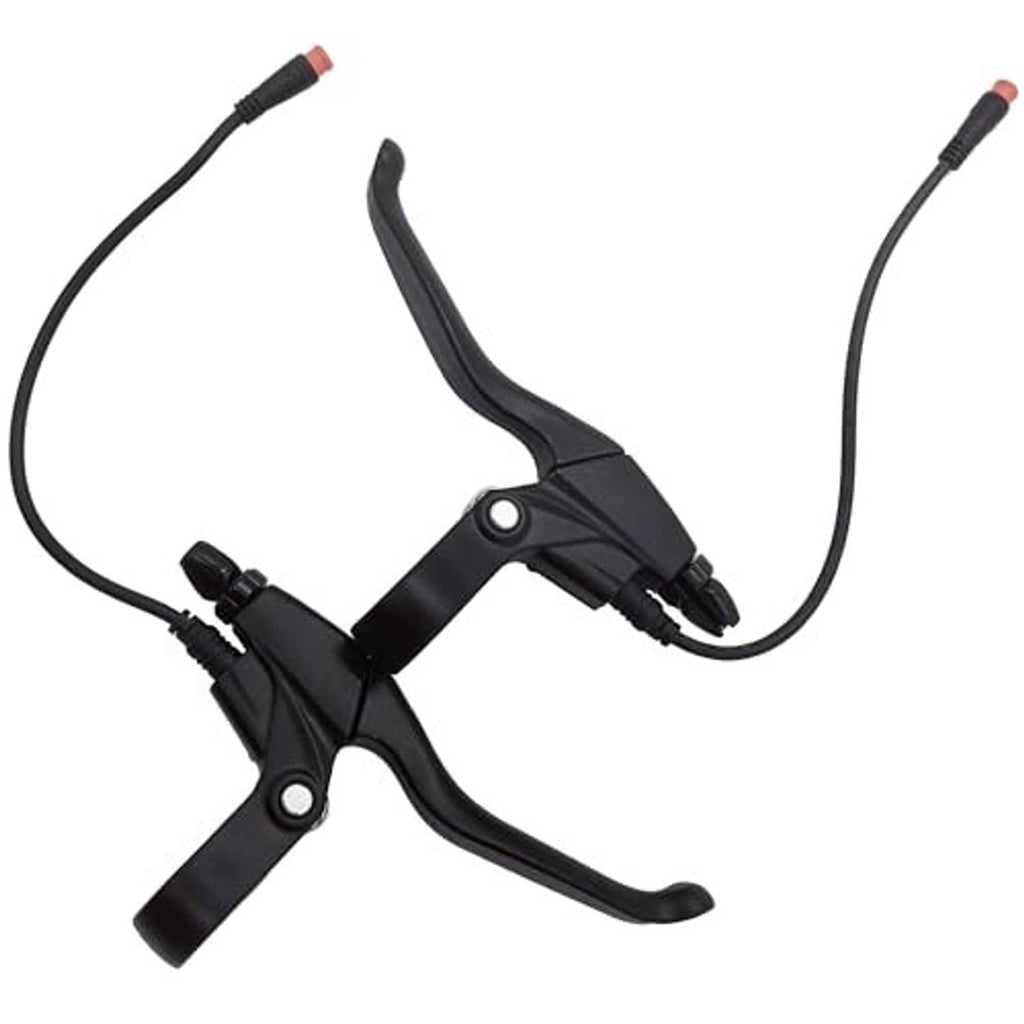 Black brake lever pair with wire harness and two connector ends, red-tipped wires.