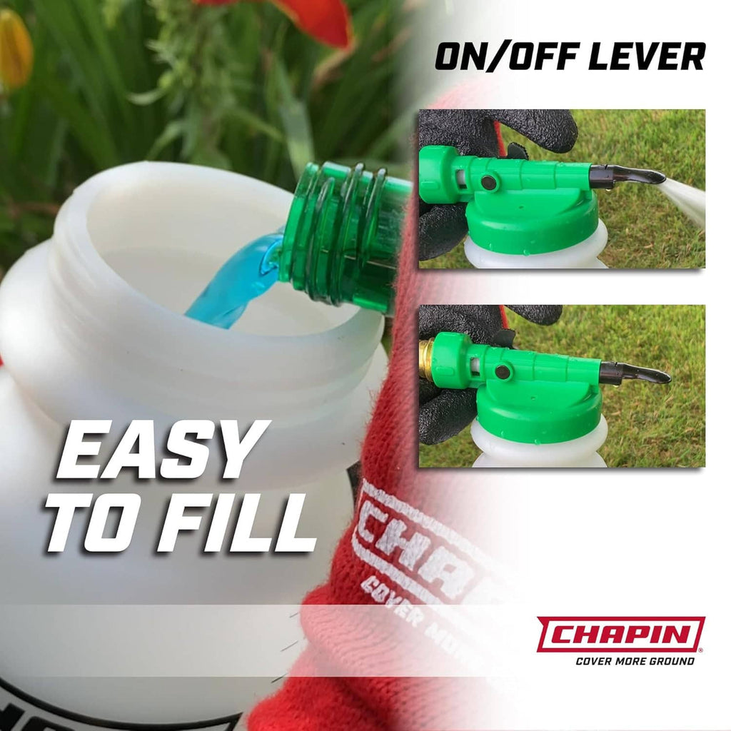 Chapin hose end sprayer with green on/off lever and white tank with blue filler opening