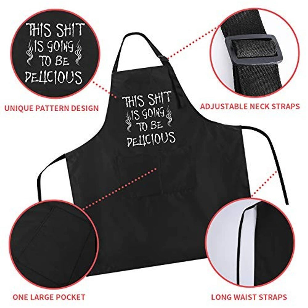 Black BBQ apron product view: adjustable neck straps, one large pocket, long waist straps