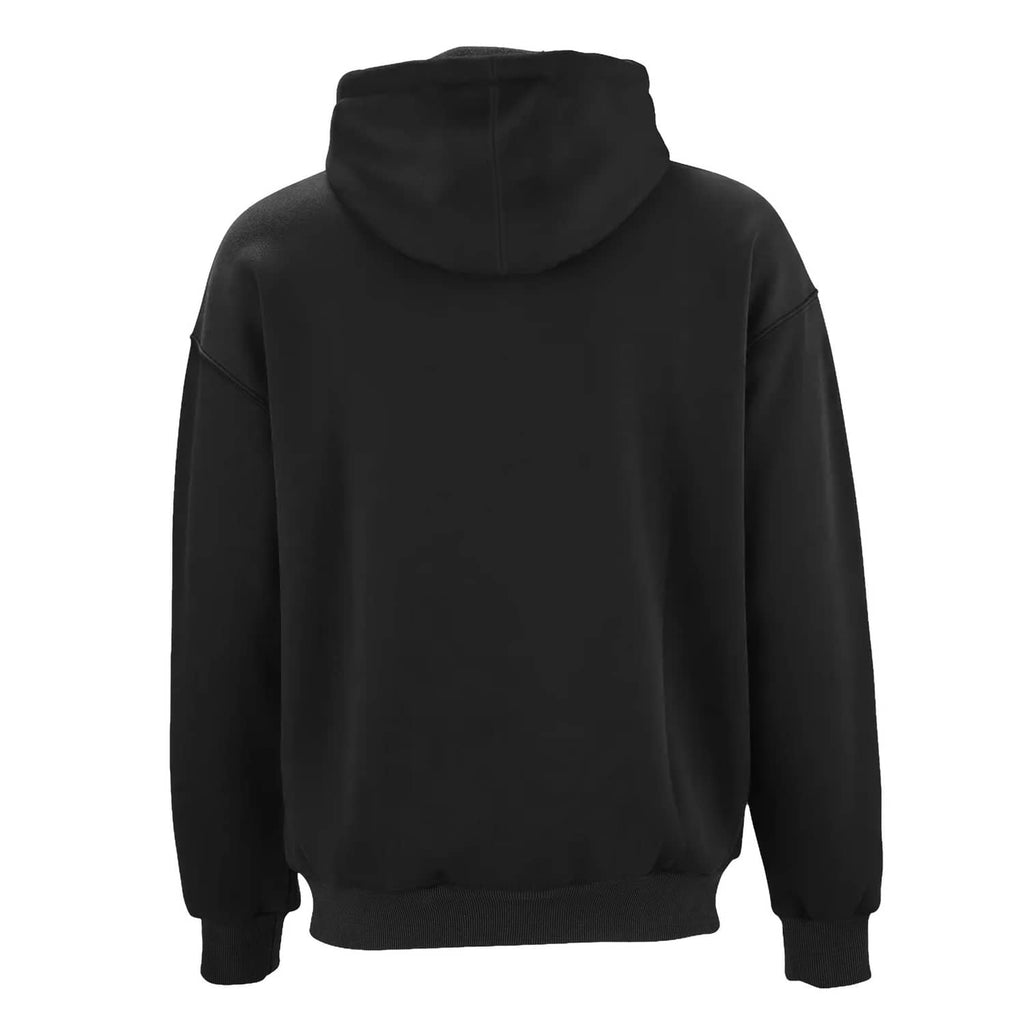 Black heated hoodie jacket back view with hood and full-length long sleeves