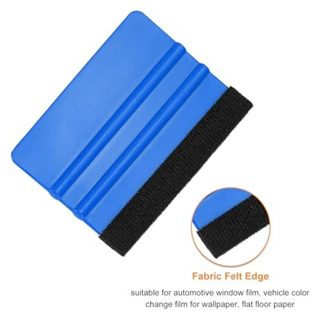 Blue vinyl squeegee pad with black felt edge, close-up detail