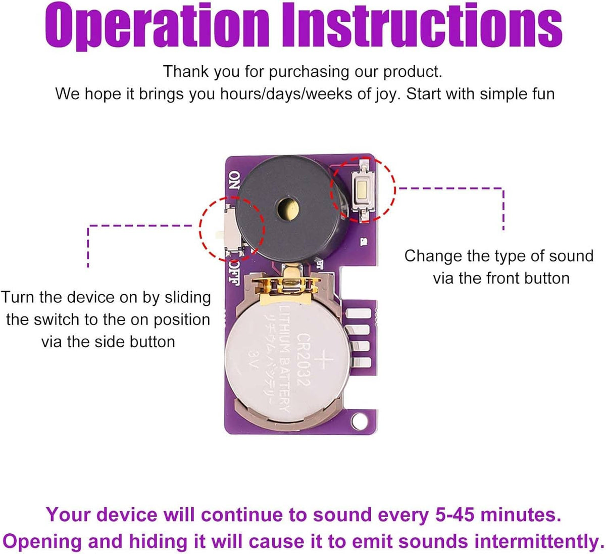 Purple prank sound module with sliding switch and front button close-up