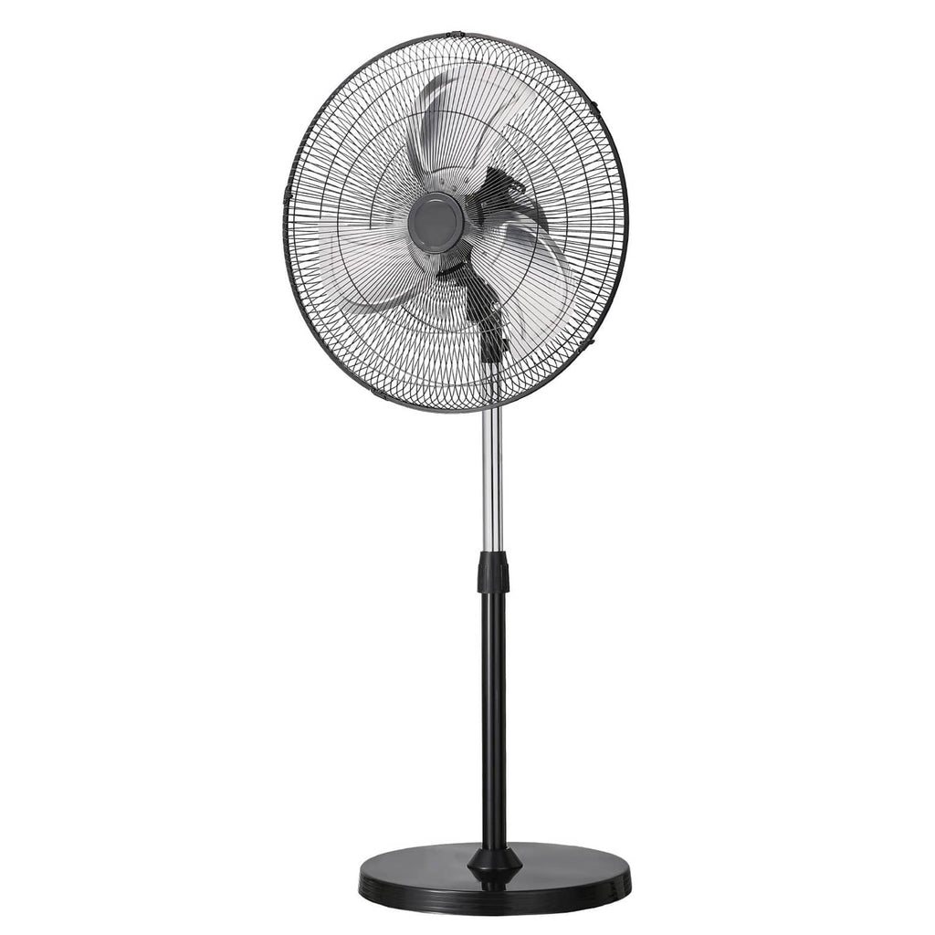 Standing pedestal fan with mesh grille, three blades, and wide circular base