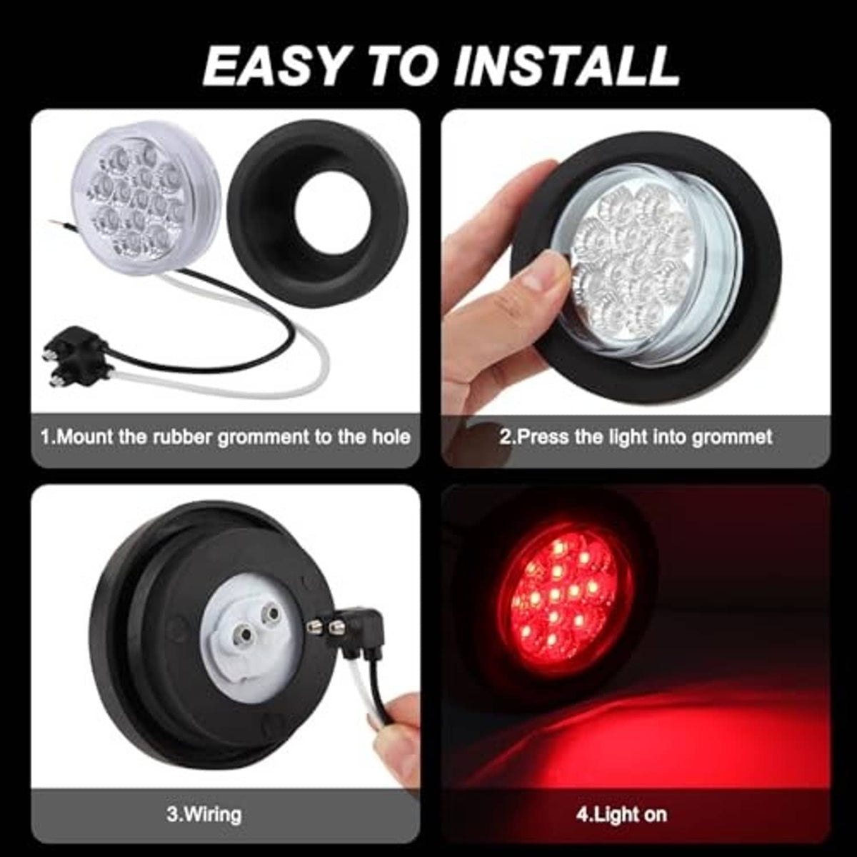 Round LED side marker light with wiring and rubber grommet; push-in installation shown