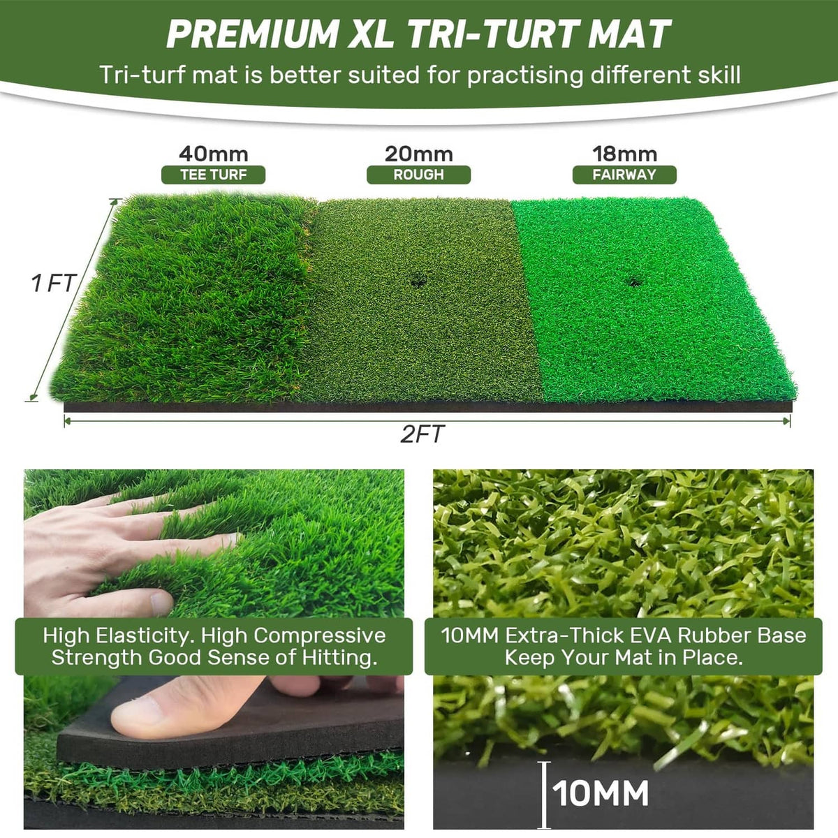 Tri-turf golf practice mat with tee, rough, and fairway zones