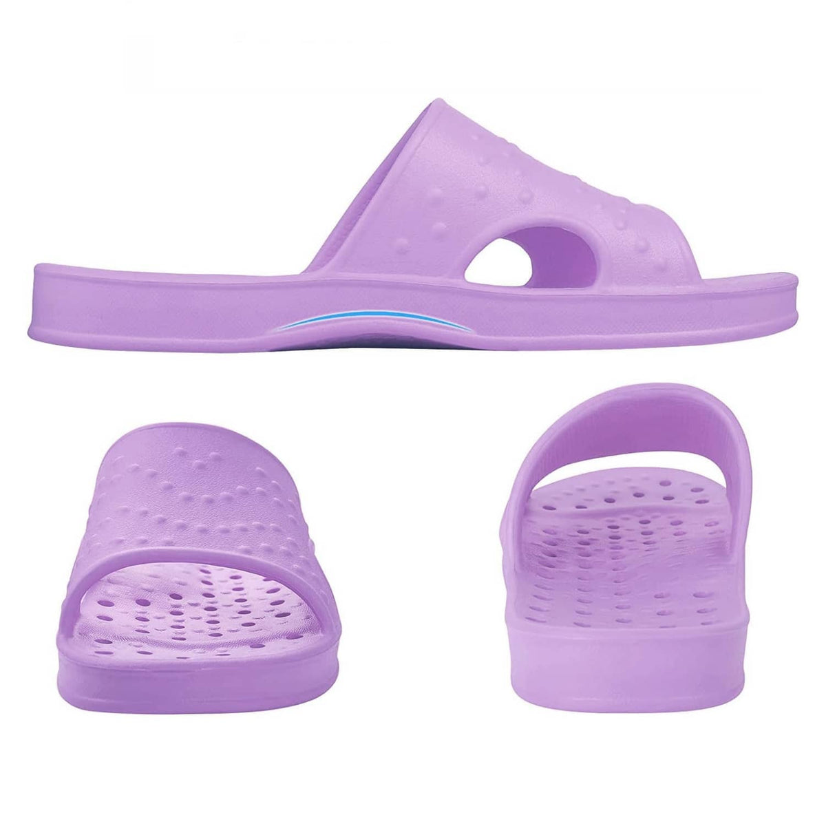 Purple shower slide sandals with perforated footbeds and heel tab.