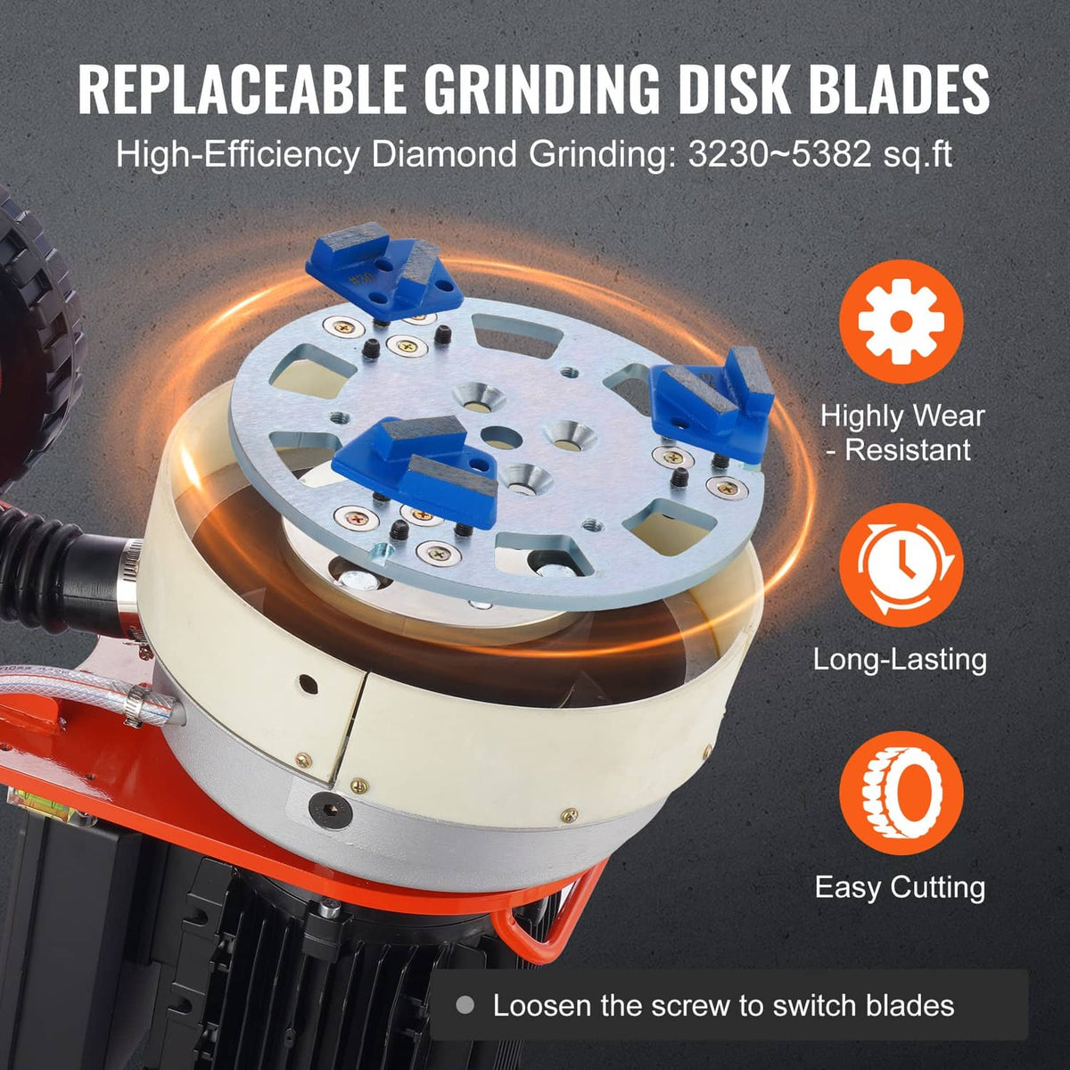 Walk-behind grinder with circular grinding disk and blue diamond segment blades