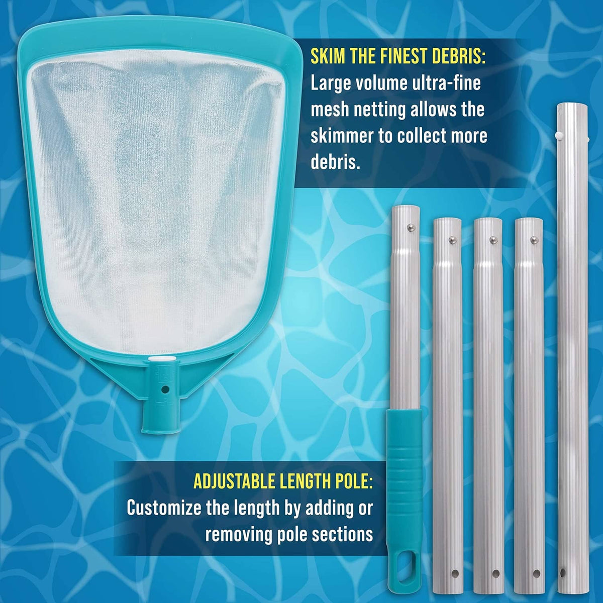 Teal leaf skimmer net with adjustable multi-section aluminum pole and fine mesh