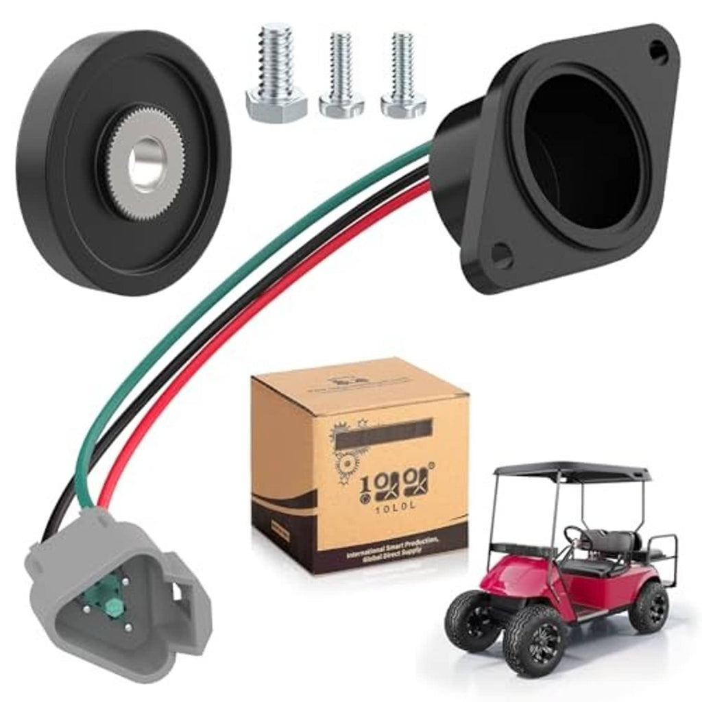 Golf cart speed sensor kit showing black sensor housing, magnet wheel, and three mounting bolts