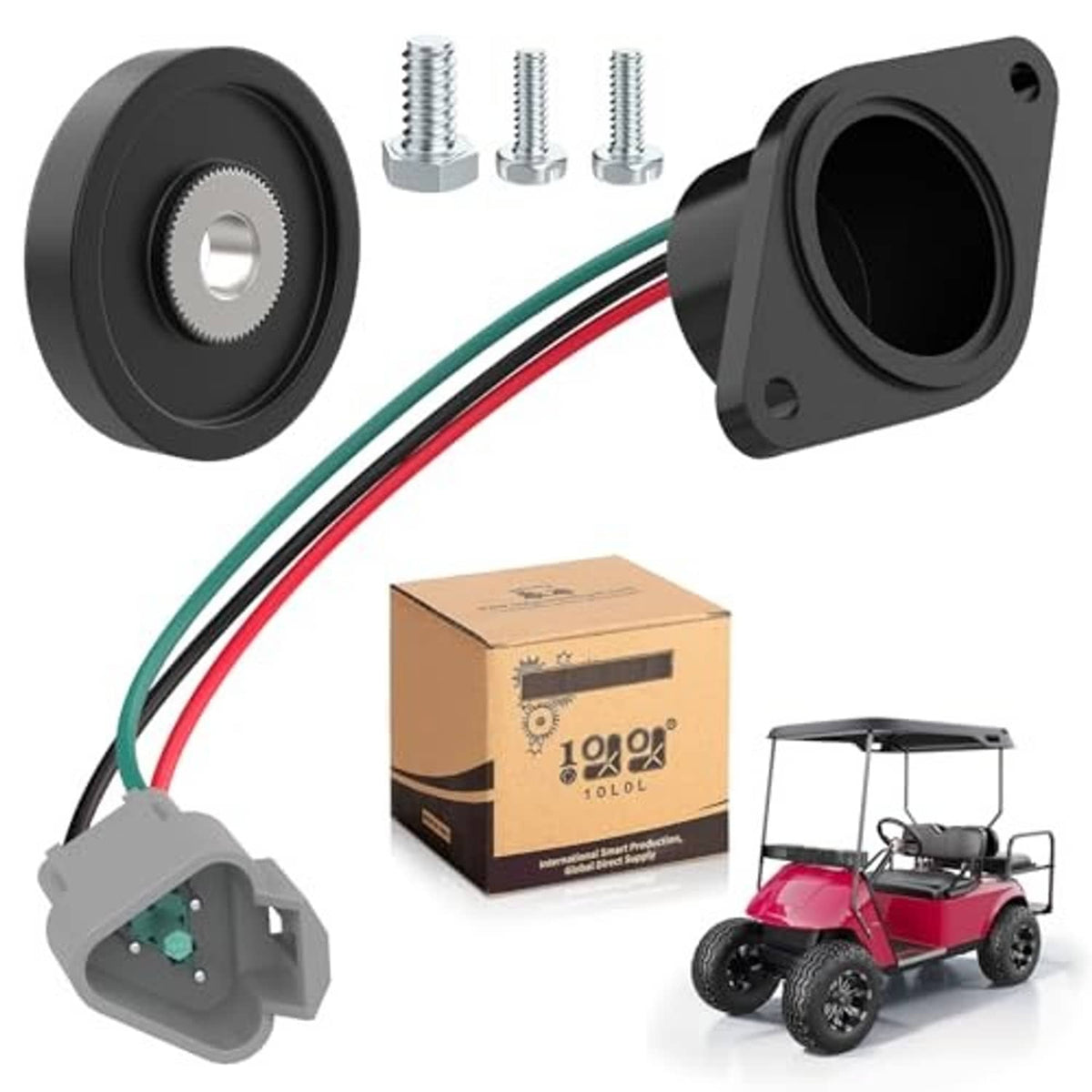 Golf cart speed sensor kit showing black sensor housing, magnet wheel, and three mounting bolts