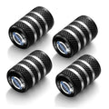Set of 4 black textured tire valve stem caps with silver ring stripes and blue logo
