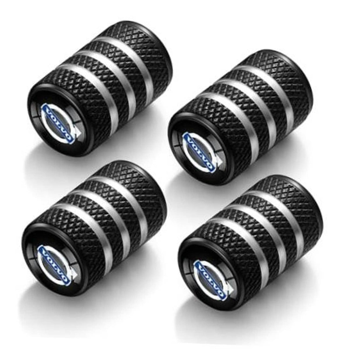 Set of 4 black textured tire valve stem caps with silver ring stripes and blue logo