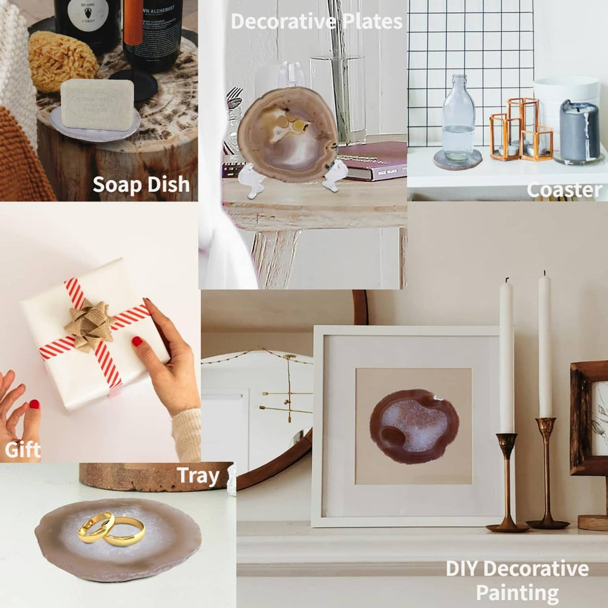 Agate geode coasters shown in a home decor display with trays and candles