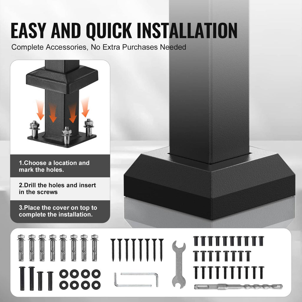 Black outdoor stair handrail with base cover and included hardware kit components