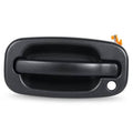 Exterior door handle with textured black lever and round key hole opening