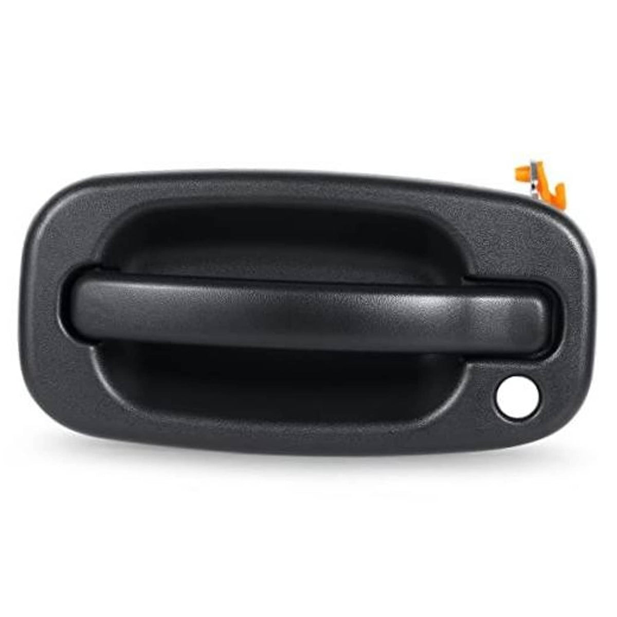 Exterior door handle with textured black lever and round key hole opening