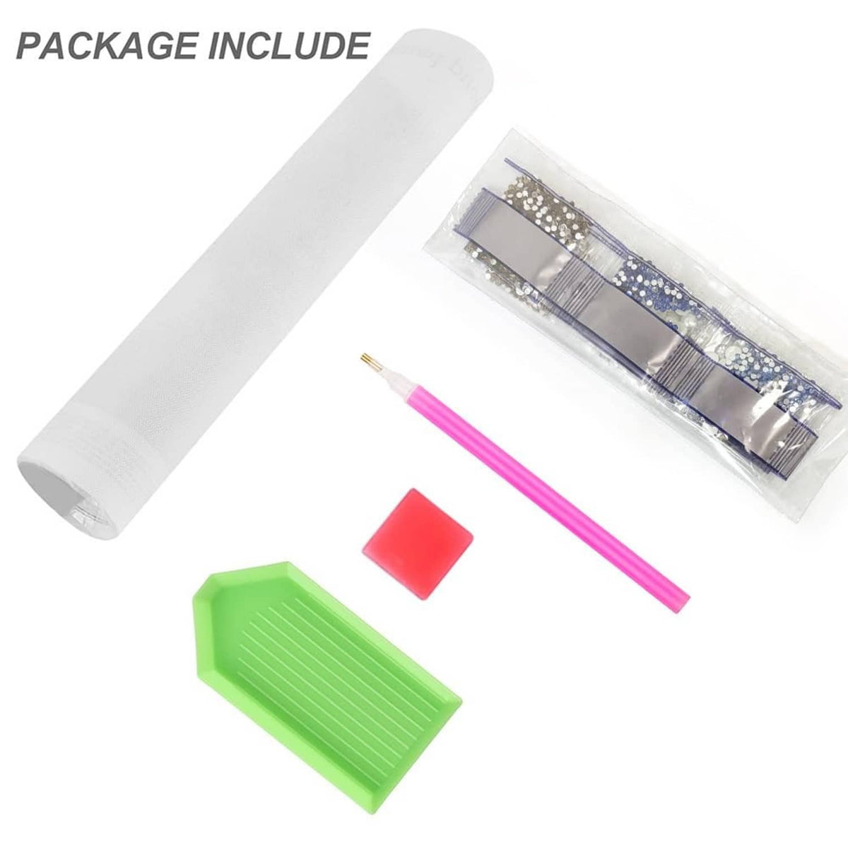 Diamond art kit supplies: canvas roll, applicator pen, tray, wax block, and diamond pieces