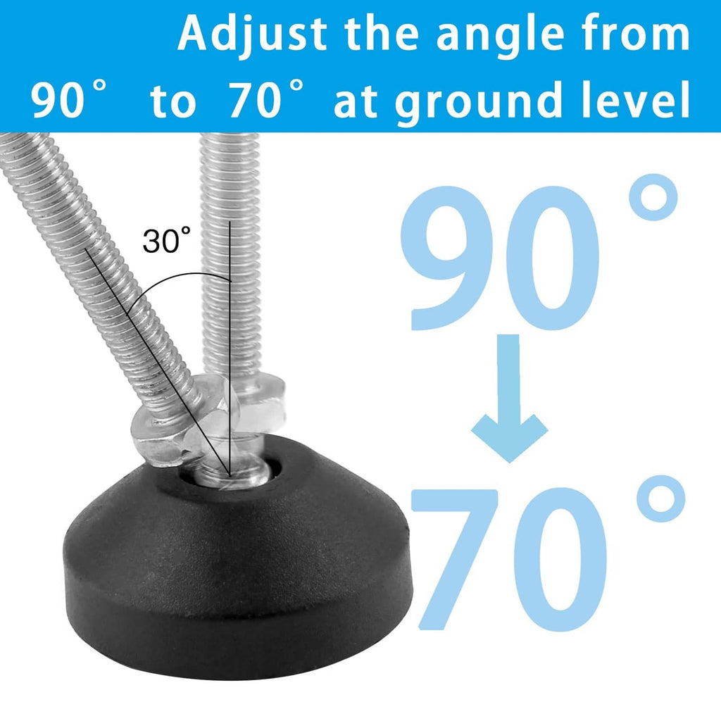 Black leveling foot base with M10 threaded post, angle adjustment shown