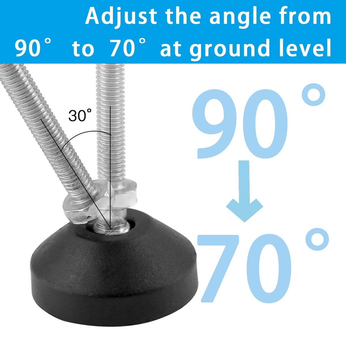 Black leveling foot base with M10 threaded post, angle adjustment shown