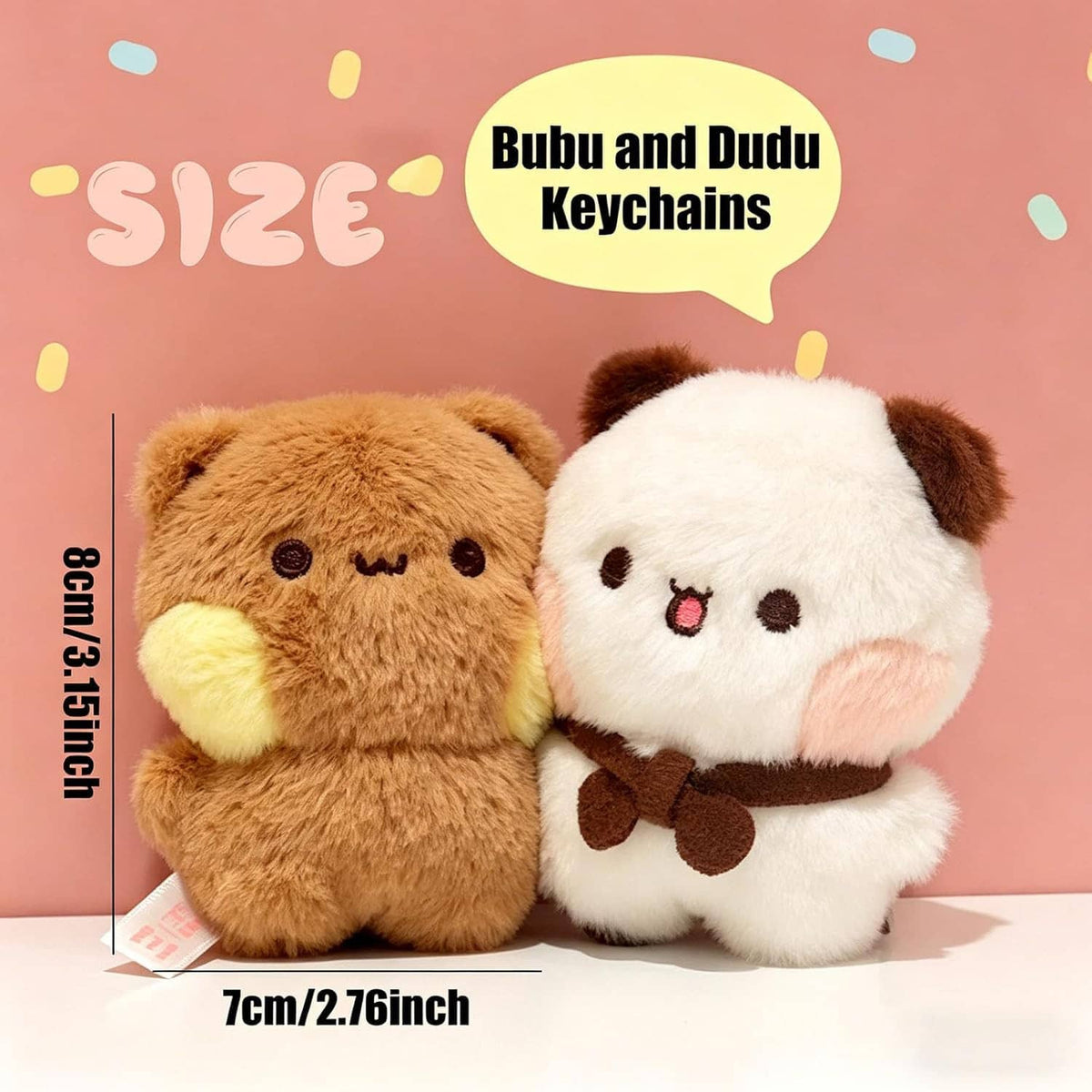 Two plush bear keychains side by side, white bear and tan bear with bead chains