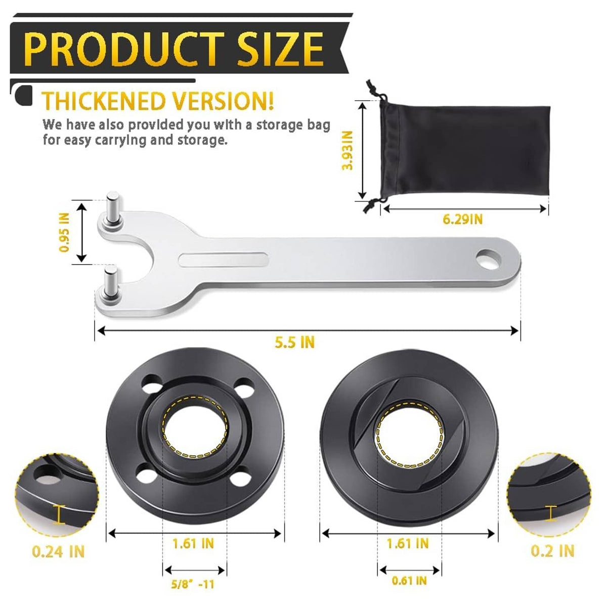 Angle grinder nut flange wrench set with black flanges and silver wrench, with bag