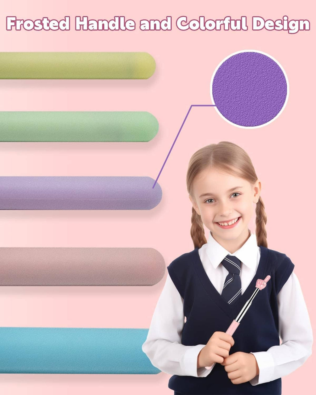 Pink frosted-grip retractable pointer with child holding the extended tip