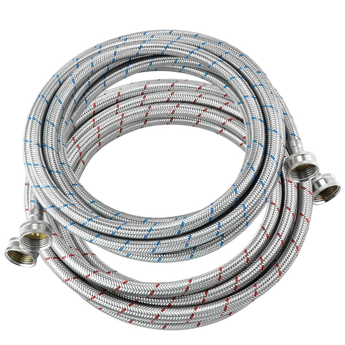 Braided stainless steel washing machine hose coil, 15 ft with brass threaded ends