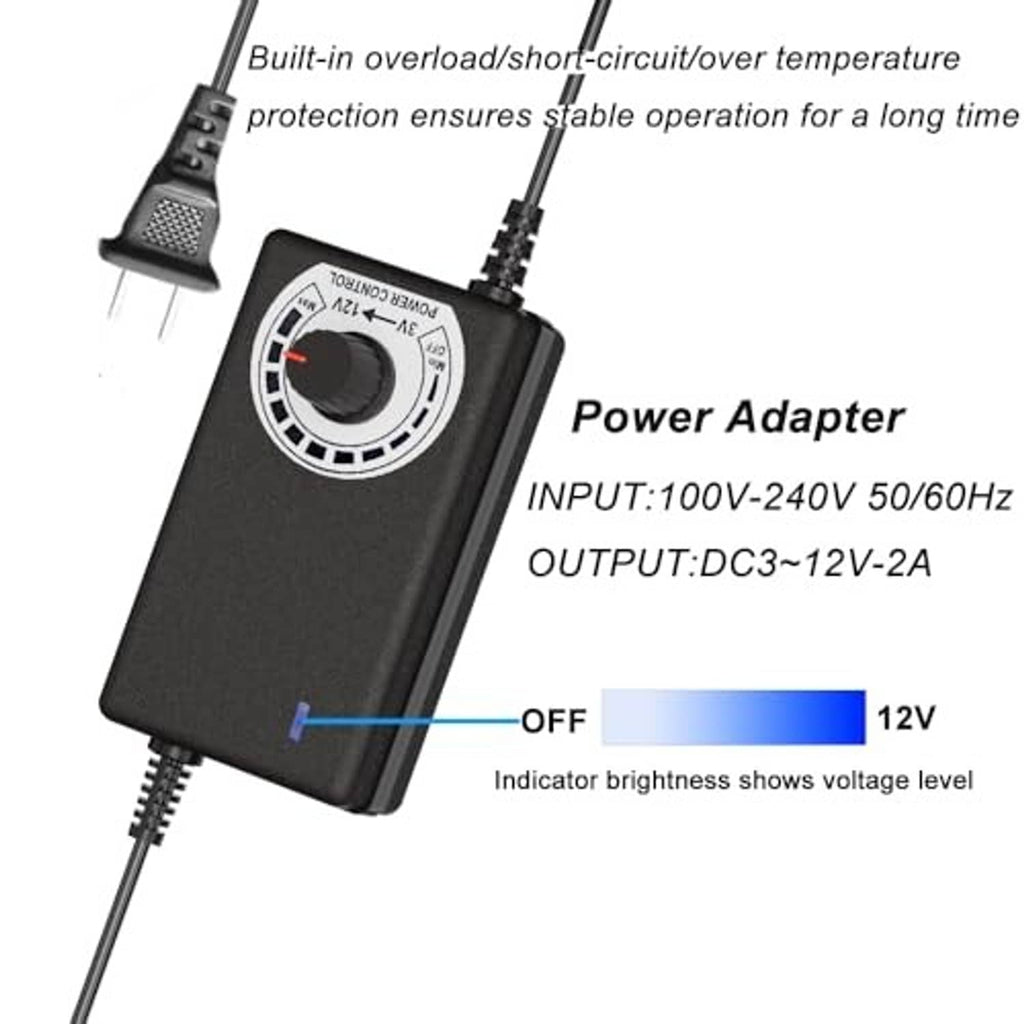Black fan hub controller with power adapter connections and input/output label text