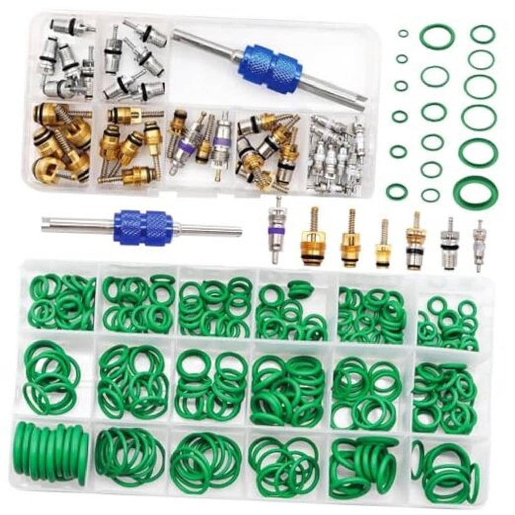 Car A/C repair kit in plastic case with blue removal tool, green O-rings, valve cores