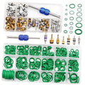 Car A/C repair kit in plastic case with blue removal tool, green O-rings, valve cores