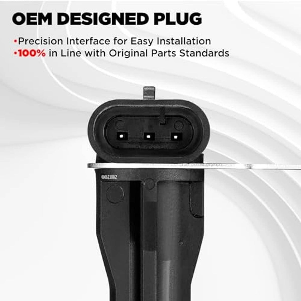 Camshaft position sensor with 3-pin black plug connector and black sensor housing.