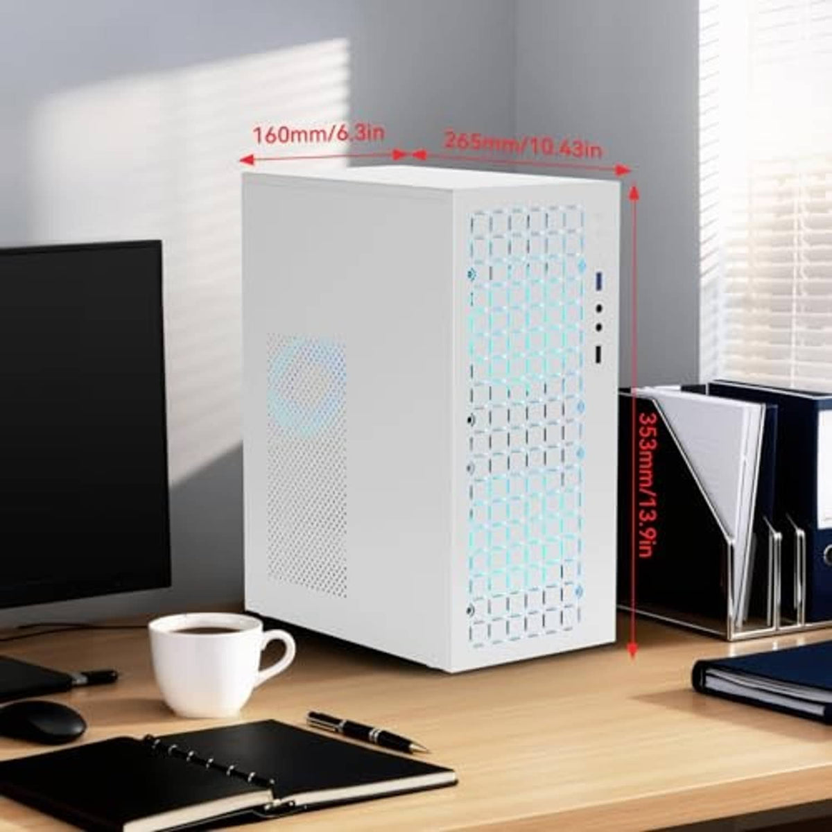 White slim micro ATX PC case on desk with front vented mesh panel