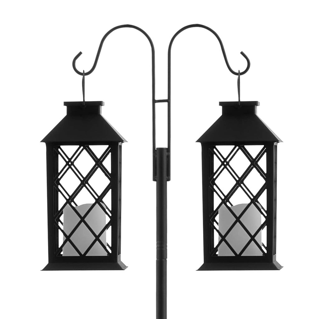 Double shepherd hook bird feeder pole with two black lantern-style feeders