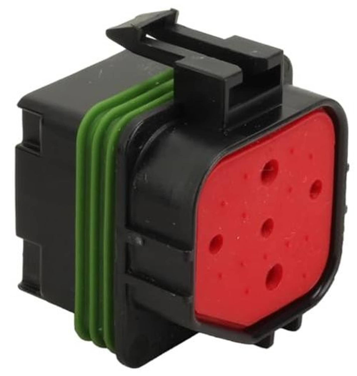 Automotive relay socket with red cover face and green wire seal rings