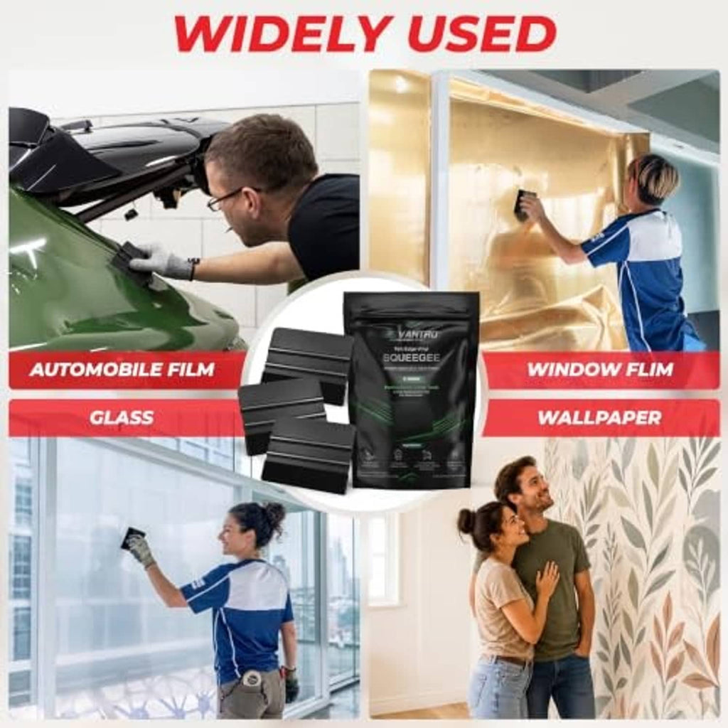 3-pack black felt-edge vinyl squeegees with plastic scraper blades and pouch