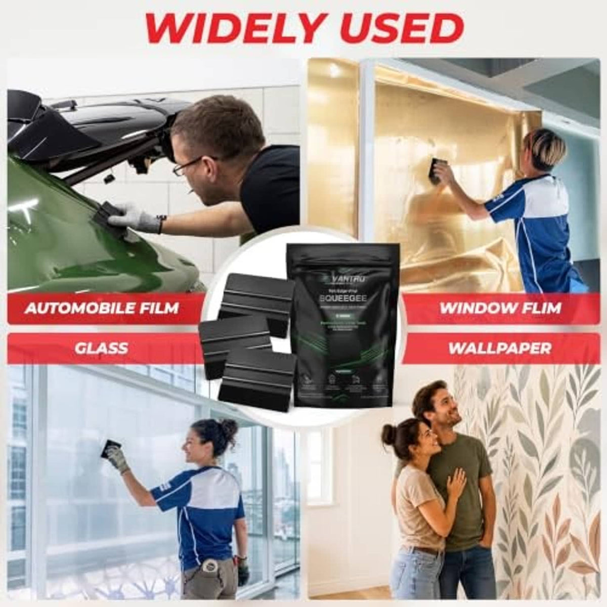 3-pack black felt-edge vinyl squeegees with plastic scraper blades and pouch