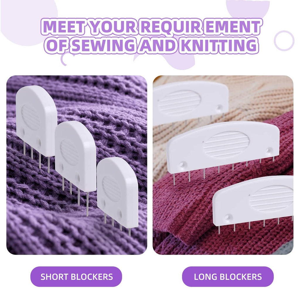 Short and long white knit blockers with pins on knitted fabric