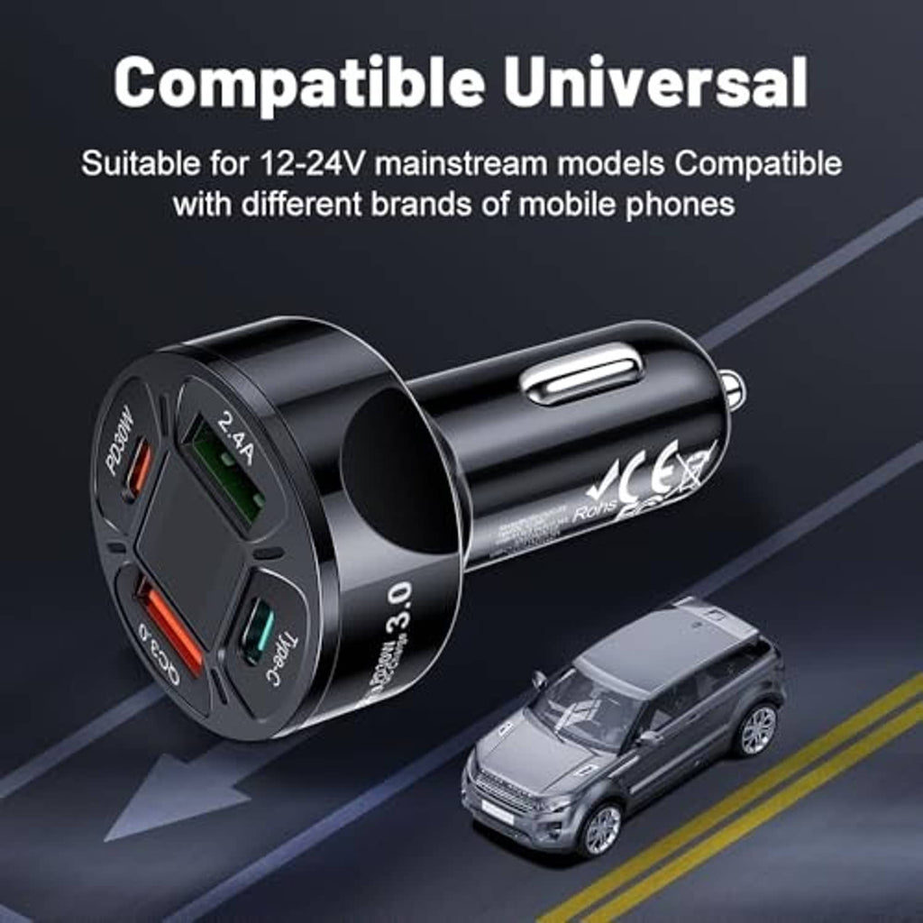 Black car USB-C multi-port charger with voltmeter LED and side plug, angled view