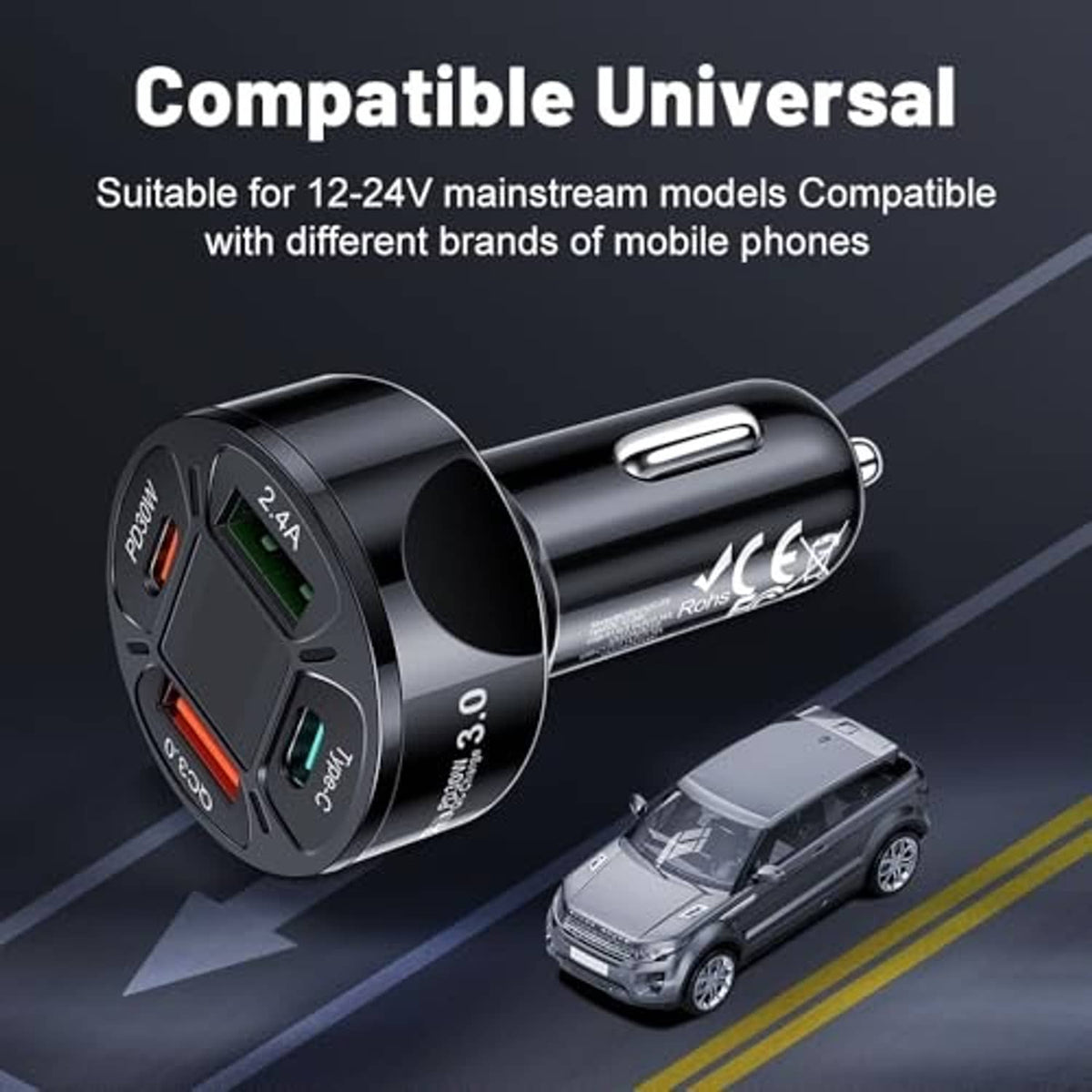Black car USB-C multi-port charger with voltmeter LED and side plug, angled view