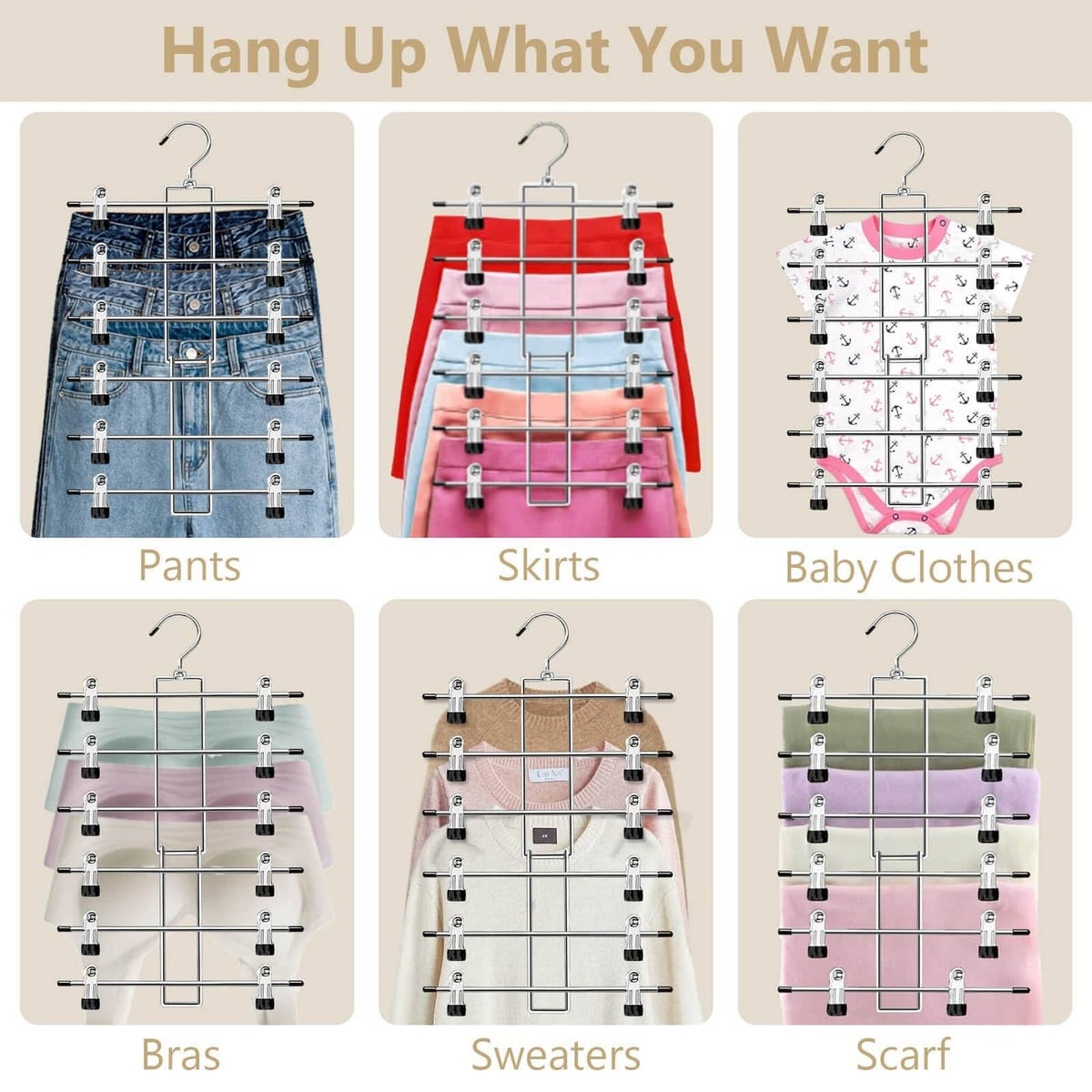 Clip hanger set for pants, skirts, baby clothes, bras, sweaters and scarves