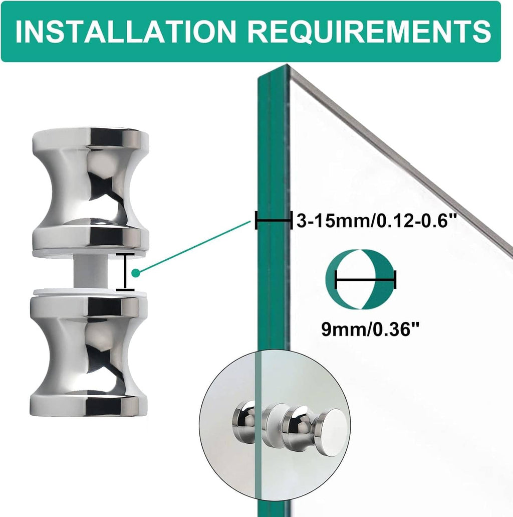 Polished chrome shower glass door handle set with two knob grips and mounting posts
