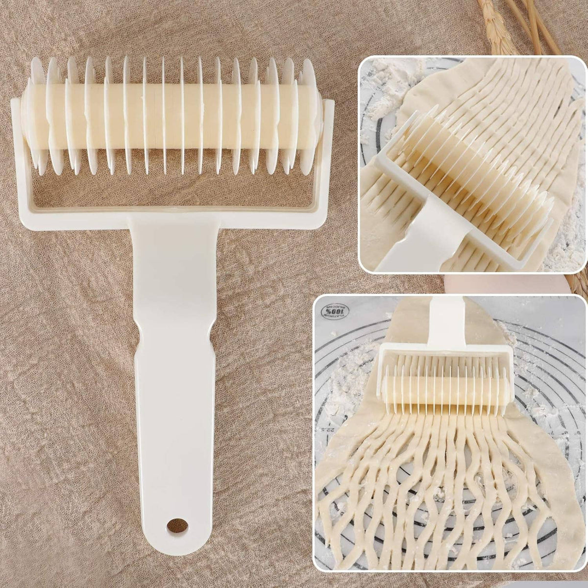 Lattice dough roller cutter set with cream rollers pressing lattice lines into dough