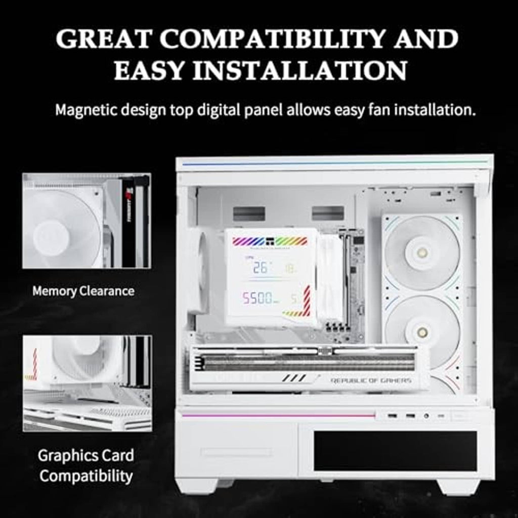 White CPU air cooler with dual fans and top magnetic digital panel design