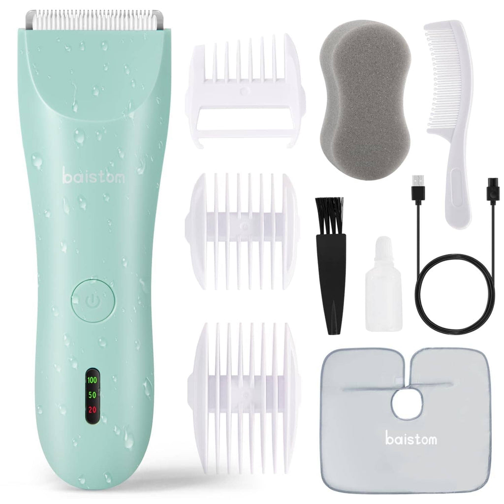 Mint teal baby hair clipper with attachments, charger cord, and comb set